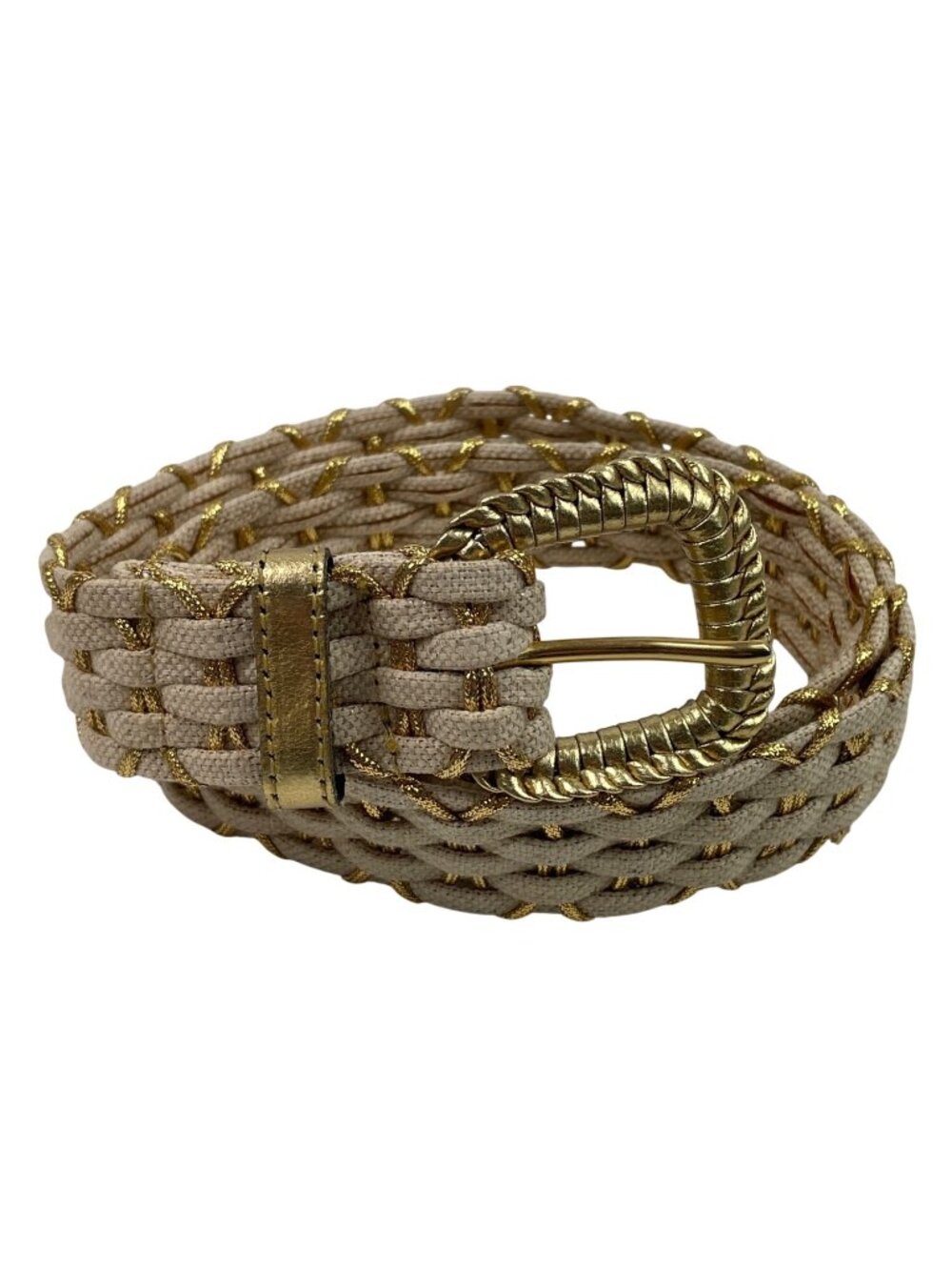 Woven Beige & Gold Braided Belt With Metallic Buckle -Womens Size M/L 32"